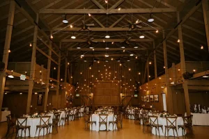 rustic wedding setup in the barn