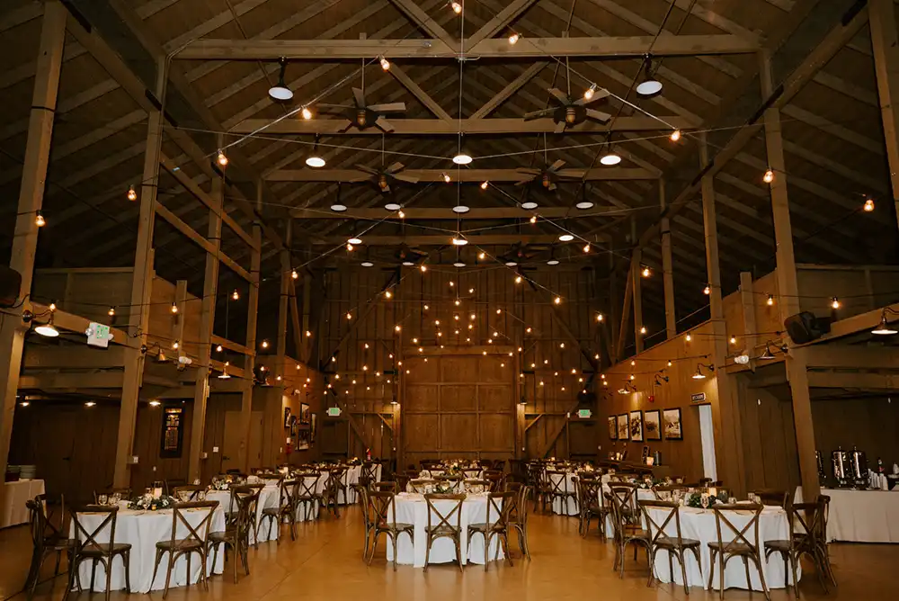 rustic wedding setup in the barn